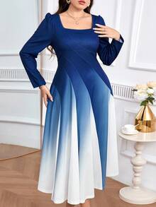 Modelyn Đầm dài tay cổ vuông ombre thời trang thanh lịch cỡ lớn dành cho nữ - Nhiều màu - Xem 4