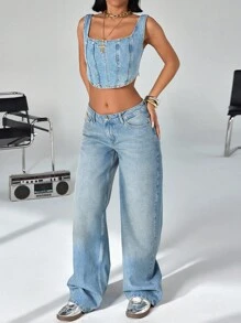 RueChic 99%Cotton Asymmetric Hem Denim Top - Light Wash - View 6