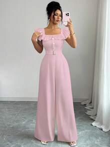 Elenzga Bộ đồ liền thân thắt lưng giả cổ vuông phối bèo nhún mới cho nữ, bộ đồ liền thân cạp cao thanh lịch, thoải mái khi đi làm hàng ngày - Hồng - Xem 8