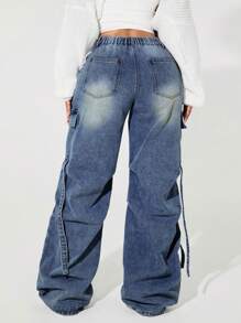 SHEIN ICON 大码女式工装口袋褶皱阔腿宽松休闲牛仔裤 - 霧霾藍 - 查看 4