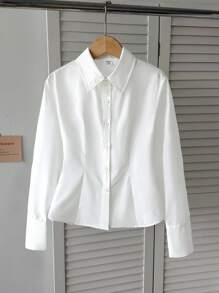 SHEIN 青少年女孩优雅纯白色灯笼袖裹身衬衫（配领带），适合日常穿着和返校穿着 - 白色 - 查看 4