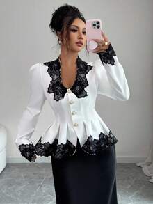 Elenzga 女士优雅时尚通勤休闲迷人复古浪漫假日长袖腰部聚拢A字下摆前开蕾丝花边纯色衬衫（蕾丝花边随机） - 白色 - 查看 5