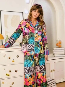 Chillnights 豹纹条纹撞色缎面女士睡衣套装，热带丝滑睡衣套装，秋冬服装 - 彩色 - 查看 3