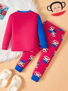 Paul Frank X SHEIN 2 件套小男孩卡通图案拼色圆领长袖上衣和裤子舒适弹力贴身睡衣套装 - 彩色 - 查看 2