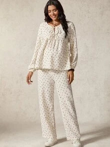 Boho Mama 2pcs Maternity Ditsy Floral Tie Front Lantern Sleeve Shirt And Adjustable Waist Pants Casual Outfit