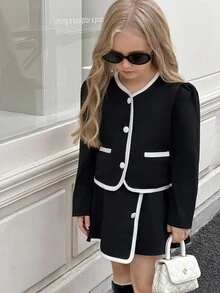 SHEIN Elladie kids 2pcs Young Girls Fashion White Button Black Long Sleeve Faux Pocket Jacket Paired With Comfortable Autumn/Winter 2 In 1 Skirt Set Fall - Black - View 4