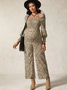 Boho Mama Schwangeren Frauen Blümchen Jumpsuit mit quadratischem Ausschnitt und weiten Beinen, elegant für den Urlaub