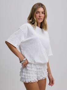 MUSERA 蕾丝边饰荷叶边网纱超短裤，可爱性感，适合节日、夜店、派对、情人节等场合，春季百搭。 - 白色 - 查看 4