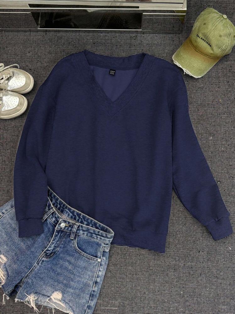 SHEIN EZwear 海军蓝女士V领宽松休闲套头连帽卫衣，适合秋冬季穿着 - 藏蓝色 - 查看 2