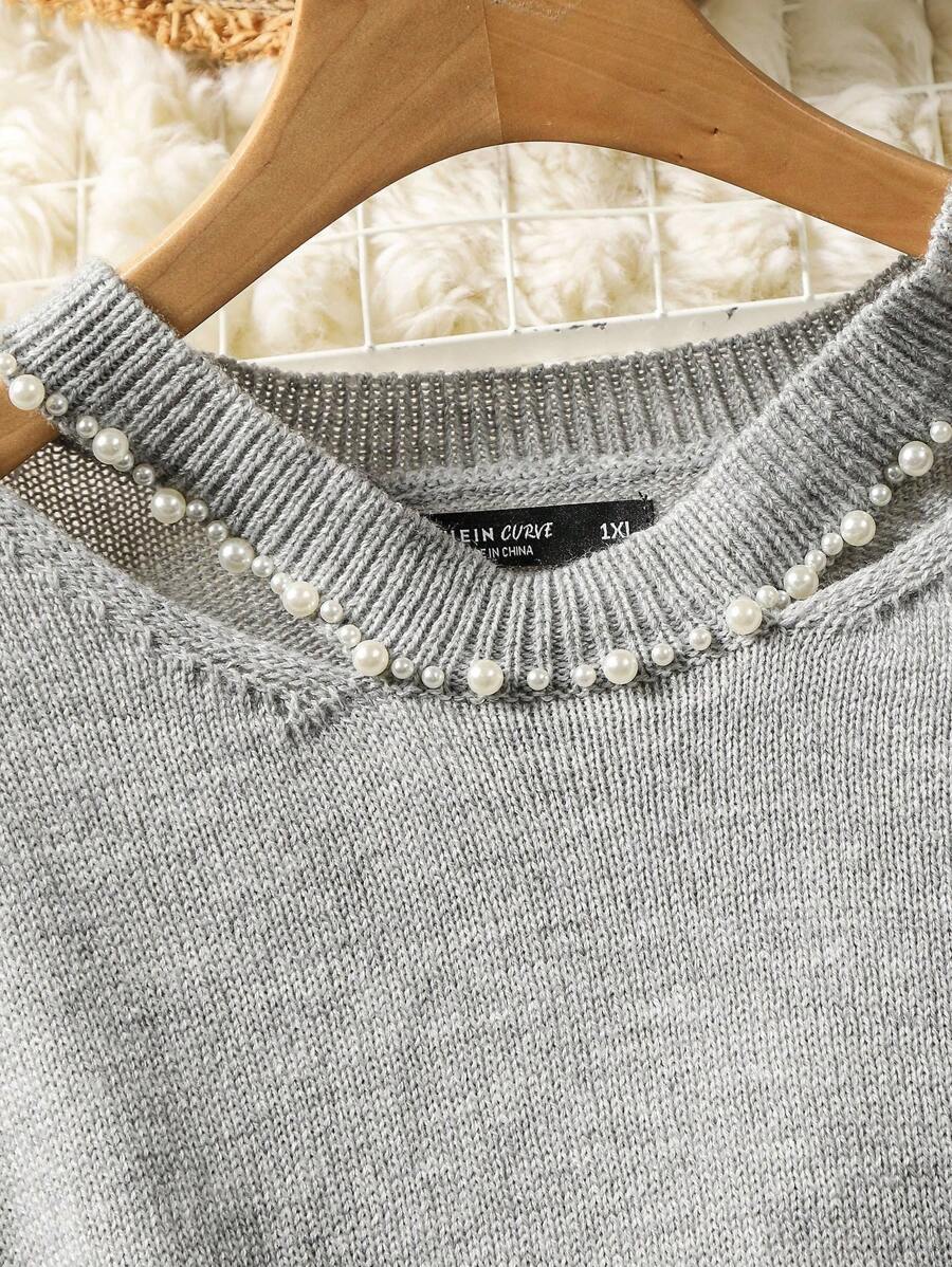 Modelyn Plus Size Solid Color Minimalist Long Sleeve Sweater, Everyday Wear Winter Fall Autumn - Grey - View 1