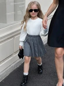 SHEIN 2件套 女童可爱泡泡袖舒适圆领白色长袖上衣搭配时尚格子百褶裙 - 白色 - 查看 5