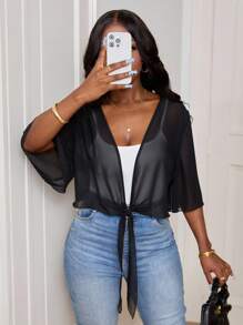 SHEIN PETITE CURVE Plus Size Women's Black Semi-Sheer Cropped Thin Top