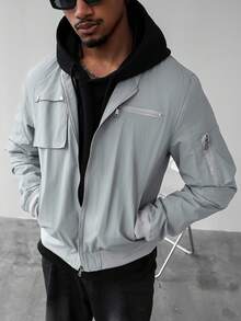 Manfinity Homme Men's Casual Loose Fit Vintage American Style Stand Collar Jacket,Light Grey Bomber Jackets,Autumn Streetwear,City Break Zip Up Cropped Couple Jacket - Grey - View 5