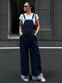 Livesso 女式休闲水洗卷边牛仔背带裤工装裤 - 黑色 - 查看 6