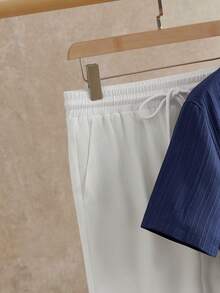 EASEVO 加大码男士纯色立领单排扣短袖衬衫及抽绳腰带口袋休闲裤套装 - 彩色 - 查看 5