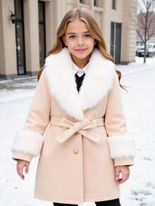 SHEIN Tween Girl Elegant Faux Fur Collar Long Sleeve Coat, Versatile For Autumn/Winter Fall