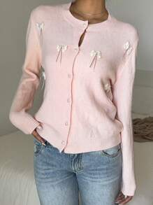 SHEIN CovetEZ 女士柔粉色蝴蝶结单排扣开衫，适合秋冬季 - 粉色 - 查看 2