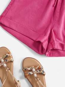 SHEIN Quần short denim cạp chun màu trơn, viền cuộn, thường ngày, đa năng cho nữ, mùa hè - Màu Hồng Tươi - Xem 4
