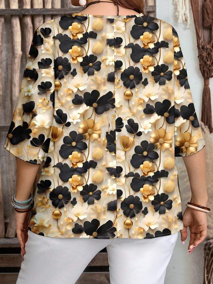 EMERY ROSE 大码女式休闲浪漫金色花卉印花 V 领短袖衬衫，适合夏季时尚女式衬衫花朵衬衫女式花卉衬衫黑金色花卉衬衫女式衬衫花卉衬衫 - 彩色 - 查看 2