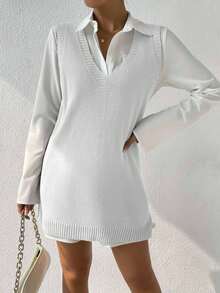 EURMUSE 女式纯色V领无袖针织休闲百搭毛衣裙 - 白色 - 查看 5
