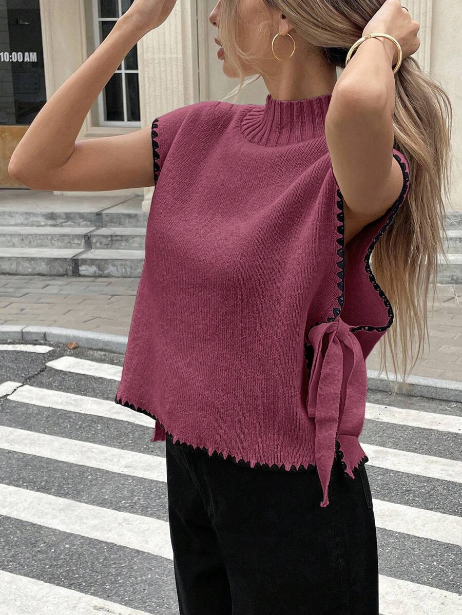 Serisse Áo vest dệt kim dáng rộng cổ đứng viền hoa buộc bên hông dành cho nữ vào mùa thu/đông - Đỏ - Xem 1