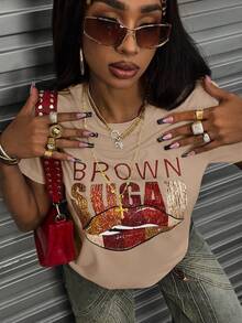 SHEIN Áo thun cổ tròn tay ngắn in chữ và phối màu thời trang mùa hè dành cho nữ - Màu Khaki - Xem 5