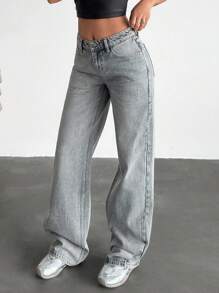 EURMUSE 低腰洗水阔腿牛仔裤 - 灰色 - 查看 5