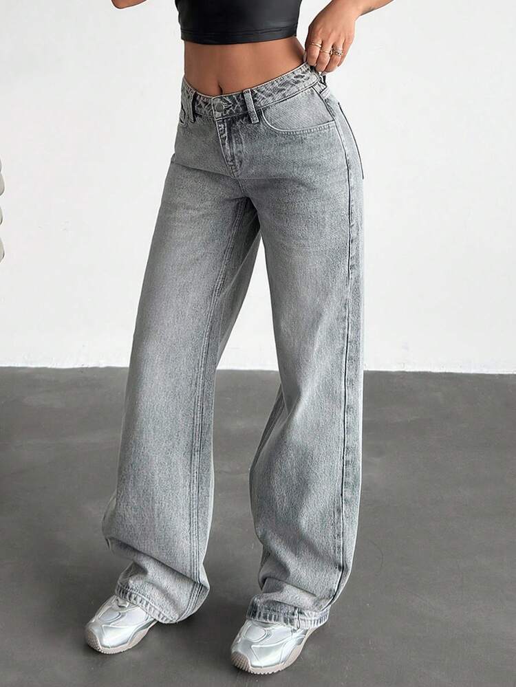 EURMUSE 低腰洗水阔腿牛仔裤 - 灰色 - 查看 5