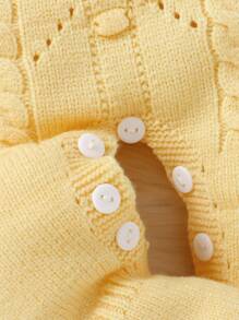 SHEIN Playful Pals 女婴复古风格针织连脚连体衣，有领和后背纽扣，长袖，舒适柔软，适合日常、外出、旅行、度假、居家、日托和玩耍 - 黃色 - 查看 6