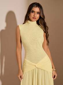 SHEIN BAE 秋季纯色黄色高领无袖紧身长喇叭裙，黄色连衣裙，奶油黄色连衣裙，生日连衣裙，约会连衣裙，节日派对连衣裙，宴会连衣裙 - 黃色 - 查看 3