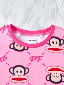 Paul Frank X SHEIN 2pcs Tween Girls' Cartoon Pattern Round Neck Raglan T-Shirt And Leggings Comfortable Stretchy Pajama Set - Hot Pink - View 4