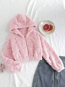 SHEIN 青少年女孩休闲纯粉色心形图案蓬松短款连帽夹克，适合秋冬休闲日常穿着，粉色毛绒夹克，少女夹克，毛绒夹克，连帽泰迪熊夹克，可爱冬季夹克 - 粉色 - 查看 9