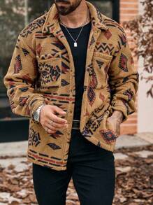 Manfinity Homme Men's Geometric Pattern Button-Up Pocket Shacket, Autumn/Winter,Boyfriend Gift,Winter Warm Jacket,Fall Winter Men Jacket,Coral Fleece Jacket, For Christmas