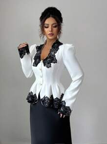 Elenzga 女士优雅时尚通勤休闲迷人复古浪漫假日长袖腰部聚拢A字下摆前开蕾丝花边纯色衬衫（蕾丝花边随机） - 白色 - 查看 4