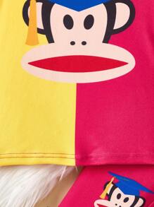 Paul Frank X SHEIN 2 件套小男孩卡通图案拼色圆领长袖上衣和裤子舒适弹力贴身睡衣套装 - 彩色 - 查看 7