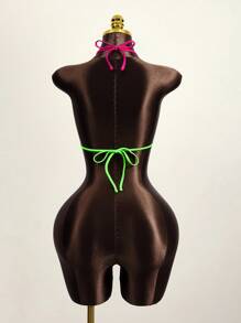 Zestiva Summer Beach Contrast Neon Trim Halter Triangle Bikini Top Bathing Suit - Black - View 2