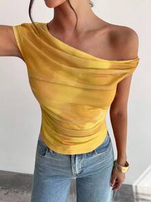 Firerie Women's Asymmetrical Neck Ombre Print Ruched T-Shirt, Asymmetric Shoulder Yellow Top, Suitable For Spring/Summer, Beach, Commute, Elegant, Sexy, Vacation, Bohemian, Hawaii, Music Festival, Romantic, Date - Yellow - View 4