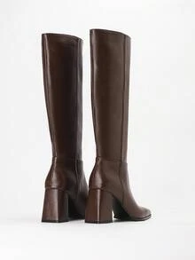 Mnmlis 性感时尚方头粗高跟休闲百搭修身及膝靴，咖啡色 - 咖啡棕 - 查看 3