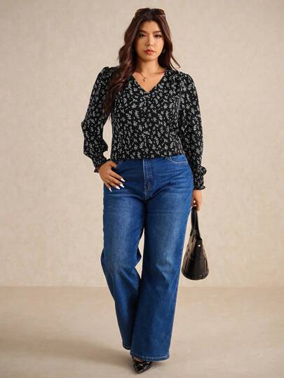 Elaquor Blusa holgada de manga larga con cuello en V y estampado floral, versátil para todas las estaciones, para mujer talla grande