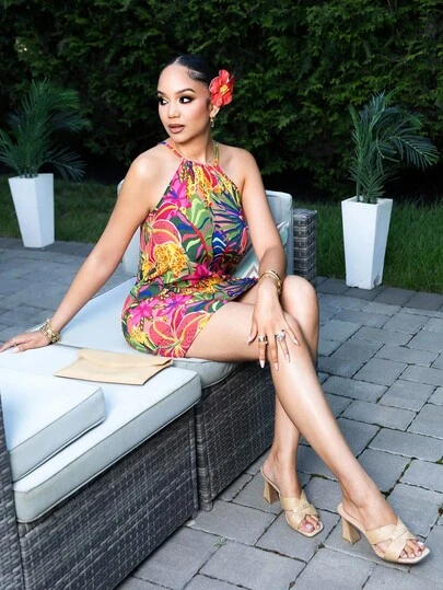 Melissa Matos 綁帶深V寬鬆短袖女士印花洋裝，適合度假