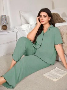 SHEIN 休闲宽松荷叶边超柔软垂坠薄针织绿色面料加大码家居服短袖上衣和裤子套装，夏季服装 - 綠色 - 查看 6