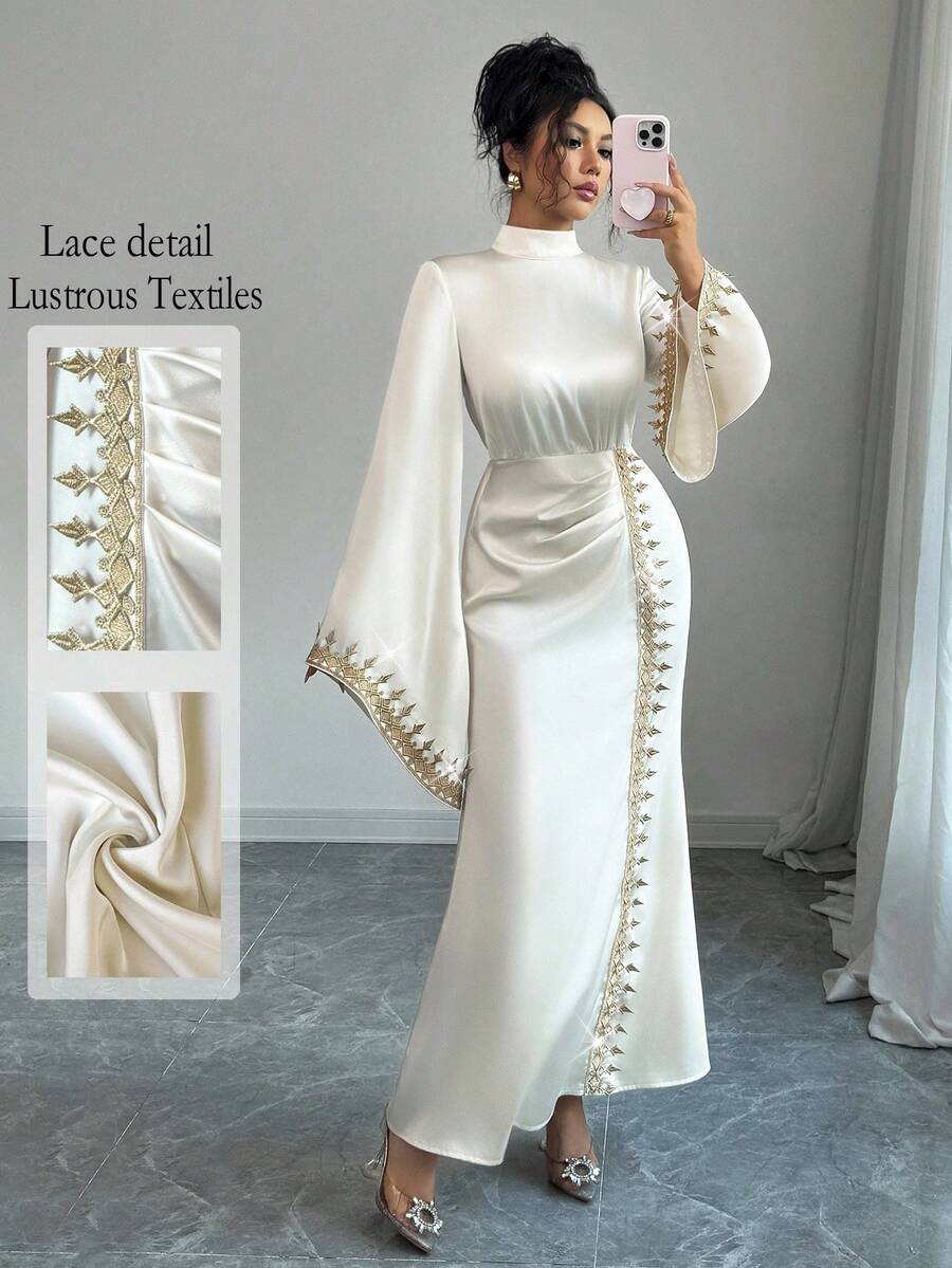 Elenzga 女式优雅喇叭袖花卉蕾丝边修身连衣裙，秋季 - 杏色 - 查看 1