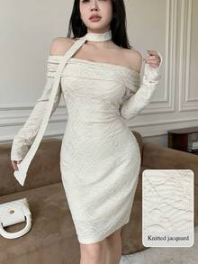 Modelyn Textured Fabric Tie-Strap Off Shoulder Cinched Waist Straight Mini Dress Fall Cloth For Women - Apricot - View 4
