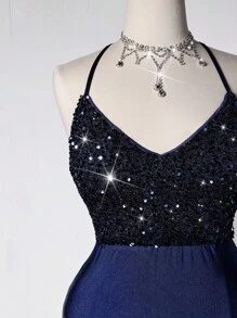 Viva Relle 大码女装 女士优雅亮片拼布露背缎面高腰连衣裙、宴会礼服、女士晚礼服 舞会礼服 女士正式舞会礼服 女士优雅连衣裙 女士舞会礼服 - 藍色 - 查看 8