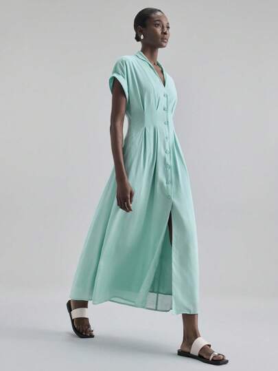 Ontre 2025 Autumn Women's Solid V-Neck Batwing Short Sleeve Pleated Single-Breasted Casual Maxi Dress, Elegant Vacation, Beach, Music Festival, Halloween, Christmas Party Dress, Countryside Concert Outfit