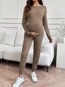 SHEIN Fall Clothes,Autumn Clothes,Maternity Autumn Clothes Maternity Maternity2pcs Maternity Long Sleeve Top And Pants Breastfeeding Set - Camel - View 6