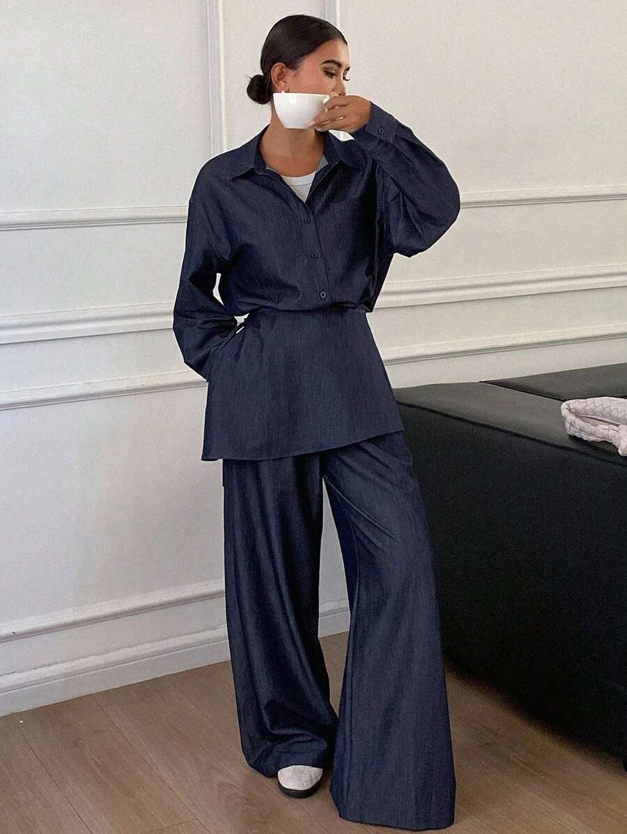 Livesso 女士休闲都市风宽松衬衫牛仔裤两件套，秋冬家居服套装 - 藏蓝色 - 查看 1