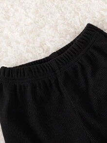 SHEIN Playful Pals 2 件装女婴夏季时尚简约可爱棕色长袖圆领连帽衫，带黑色蝴蝶结装饰，搭配黑色喇叭裤套装，适合日常穿着和拍照 - 棕色 - 查看 8