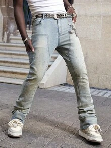 ROMWE MEN Street Life Men's Sparkling Diamond Layered Flare Jeans - Blue - View 8