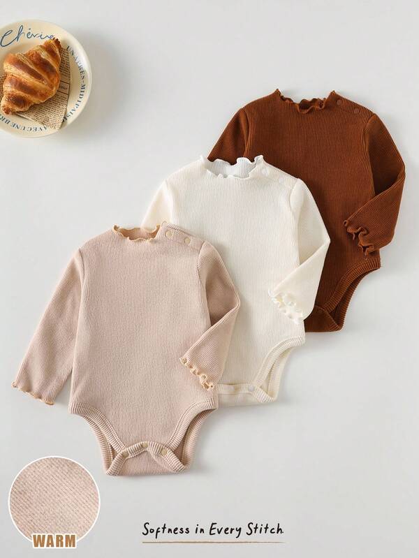 Cozy Pixies 3pcs Newborn Baby Girl Solid Color Ruffle Long Sleeve Romper Set, Versatile & Comfortable Neutral Baby Clothes Baby Clothes Neutral Mocha Baby Clothes Brown Baby Clothes Baby Girl Bodysuits Neutral Chic Outfits For Autumn/Winter Fall